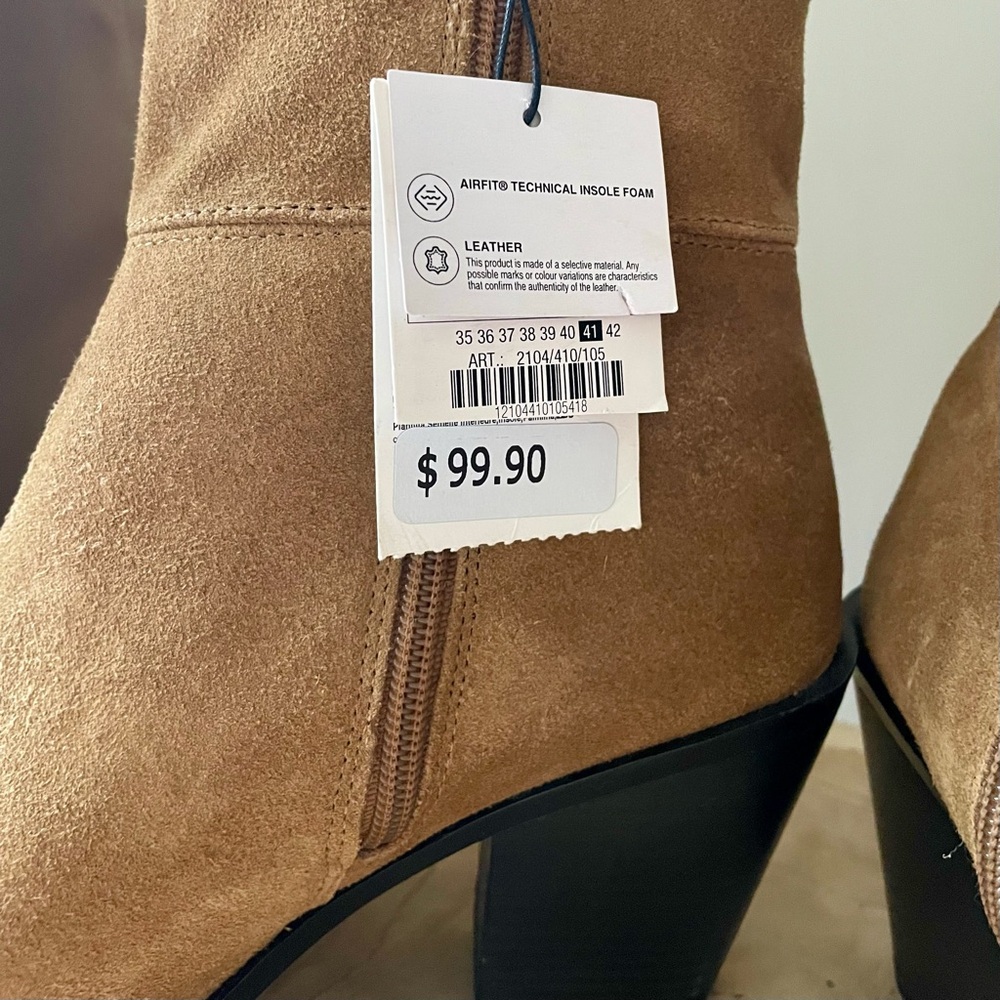 NWT Zara Suede Leather Stacked Heel Pointed Toe Western Boots in Camel Tan - 10 - Picture 6 of 8